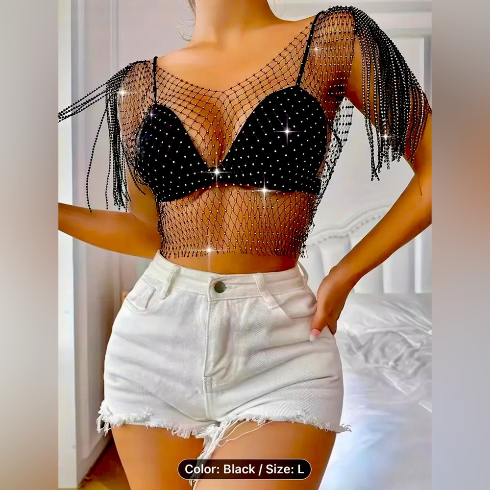 Black Studded Tassel Shoulder Crop-Top